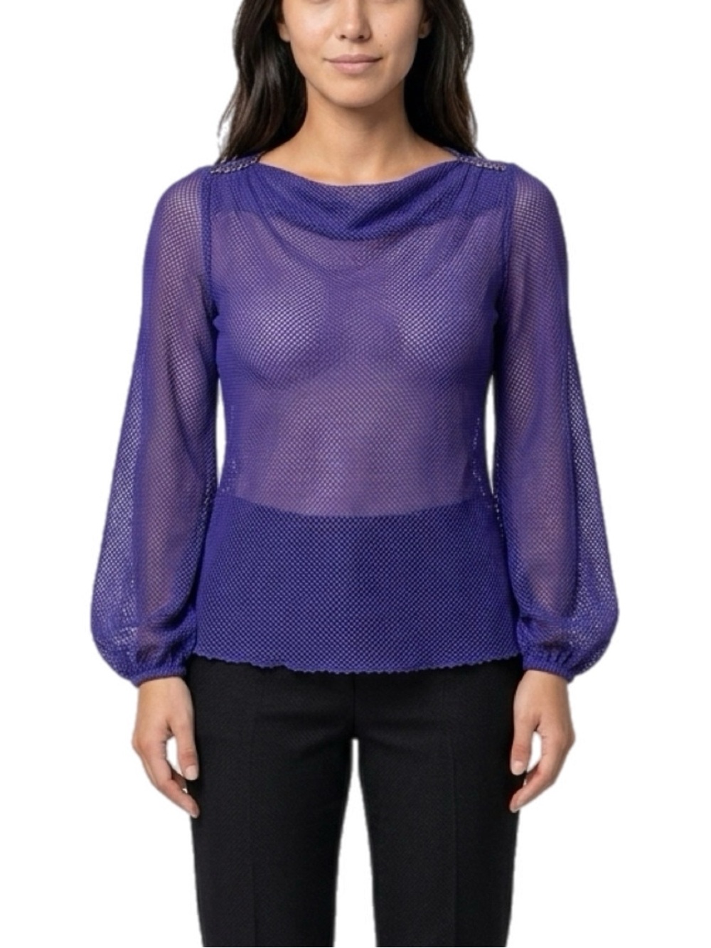 Armani Exchange | Vintage Sheer Purple Long-Sleeve Blouse Chain Neckline back